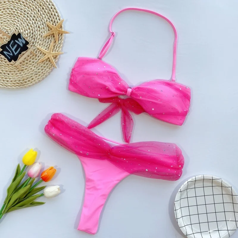 Новые однотонные Цвет Бикини лук купальник из чистой ткани ажурного