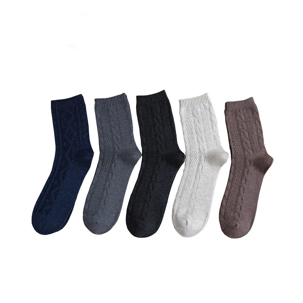 Knitted Tube Men's Socks Autumn and Winter New Cotton Solid Color Twist Classic Business Five Pairs of Socks Weaving Process