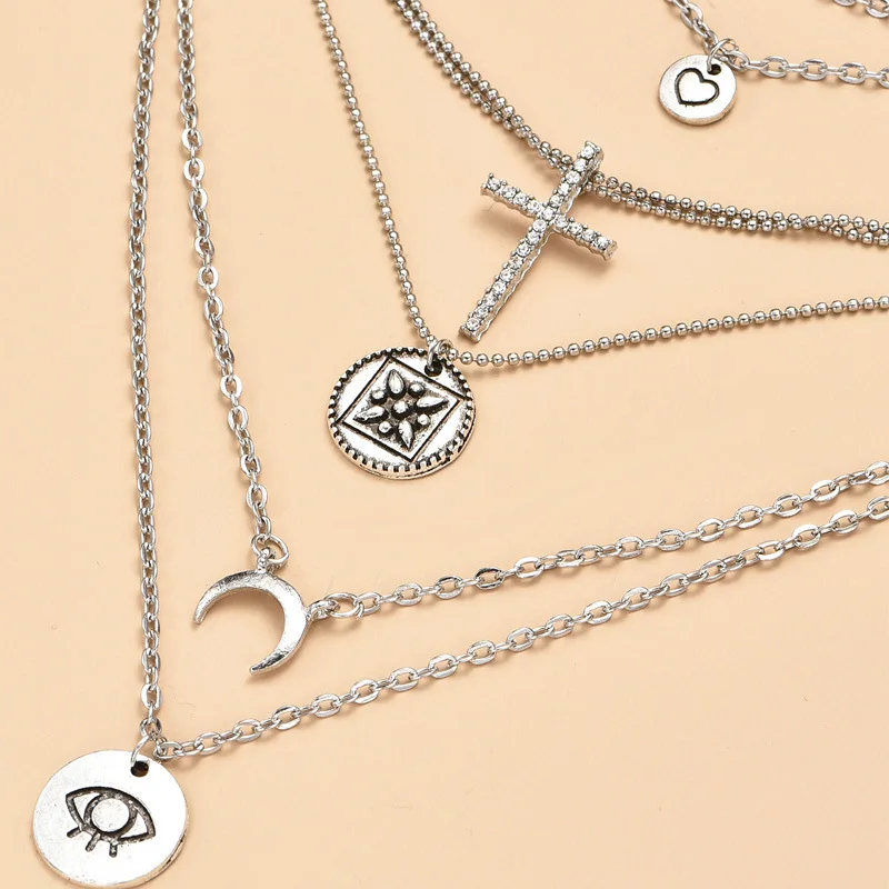 Ожерелье женское серебристое с кулоном в виде сердца Креста хрусталя Луны резных
