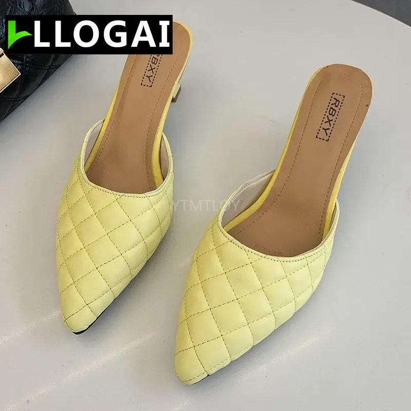 

Lattices Sewing Candy Colors Closed Toe Woman Slippers Solid Mules Slides Pointed Toe Sandals Zapatillas Mujer Casa