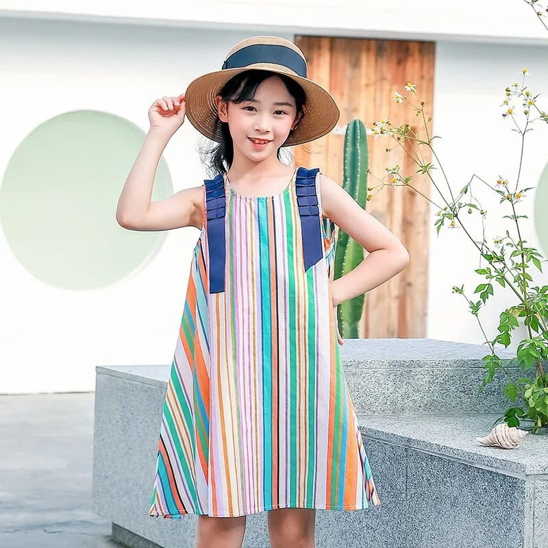 

Rainbow Dress Age for 6 - 14 Yrs Teenage Girls Colorful Dress 2021 New Summer Striped Cotton Sleeveless Baby Girls Vest Frocks