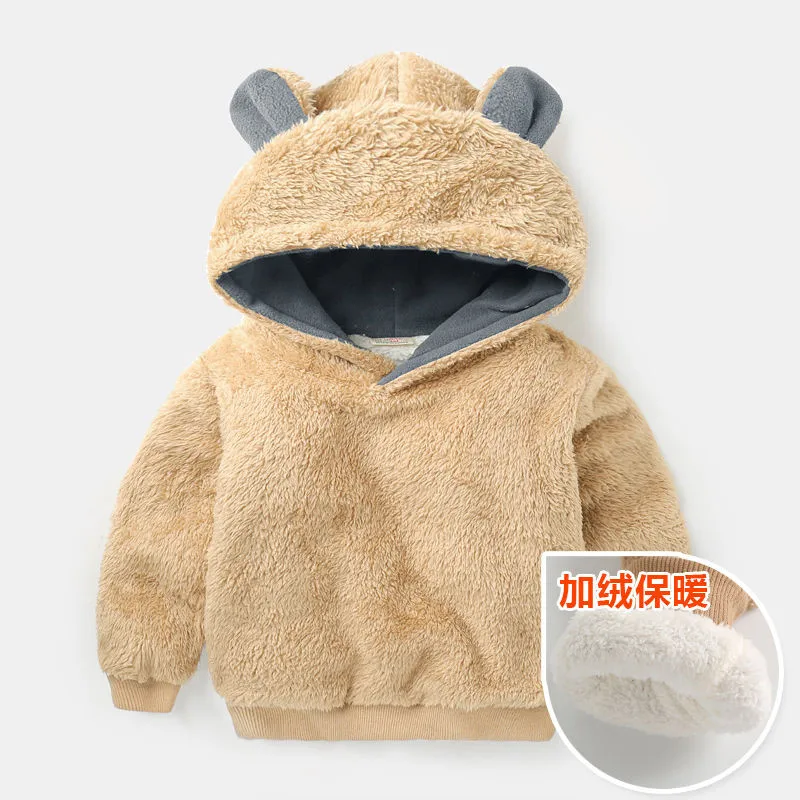 Thicken beige Теплые зимние куртки с капюшоном для маленьких мальчиков и девочек; плотные бархатные куртки кораллового цвета с рисунком медведя; кардиган; Верхняя одежда; пальто; парки - Цвет: Thicken beige