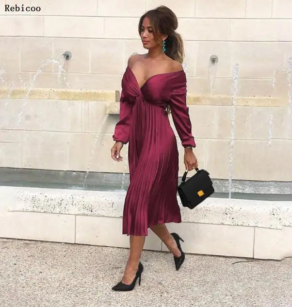 Женское длинное атласное платье с V-образным вырезом и длинным рукавом | Женская