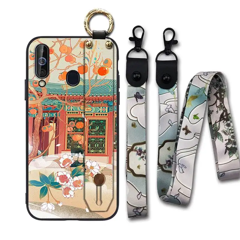 Silicone Lanyard Chinese Style Wrist Strap Phone Case For Samsung Galaxy M30 Waterproof Fashion Design Holder Anti-knock | Мобильные