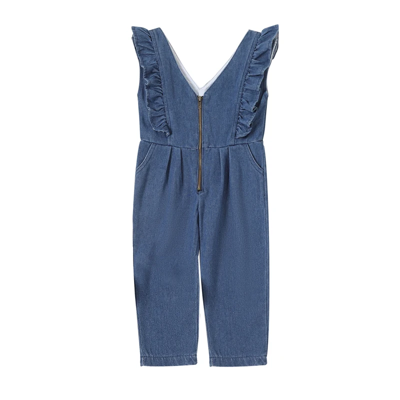 

Джинсовый комбинезон для маленьких девочек, Модный комбинезон на молнии с V-образным вырезом и оборками, штаны