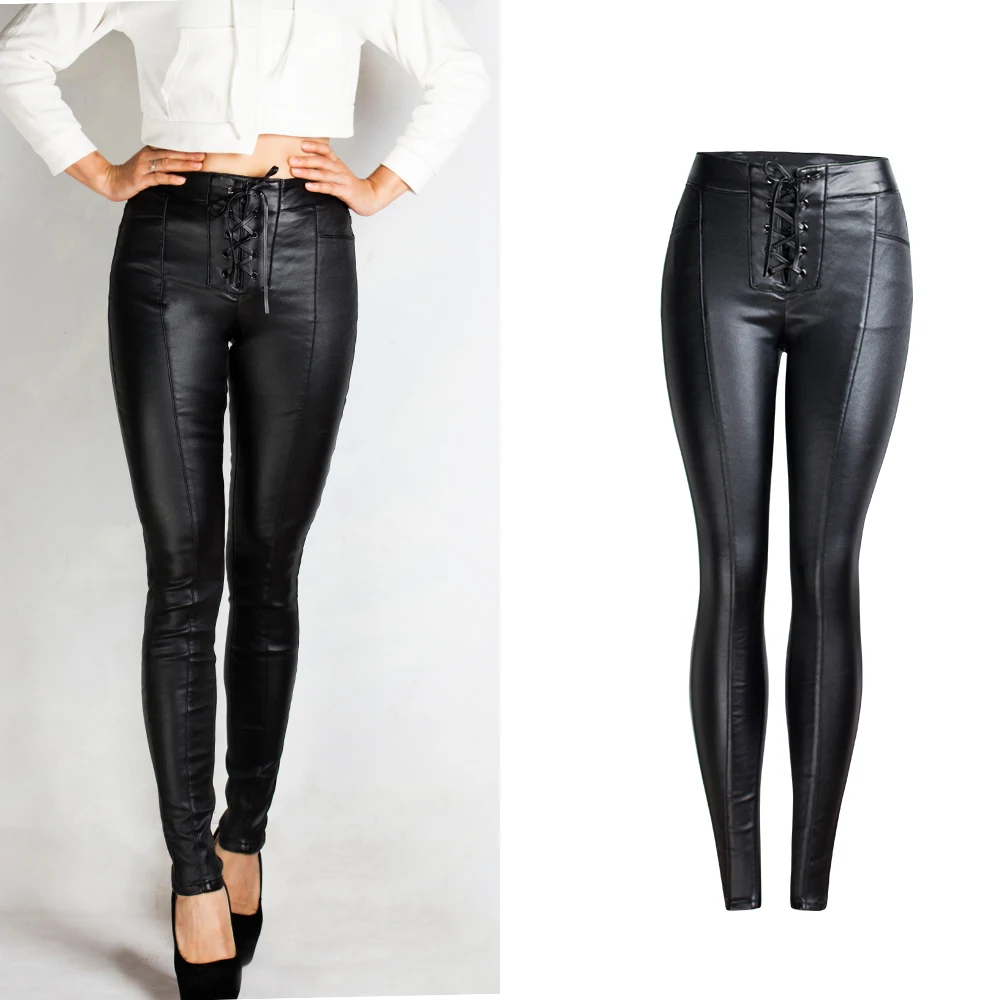 

Winter European And American Hot Style Strappy PU Pants Denim Women Plus Velvet Gloss Pencil Black Feet Free Shipping