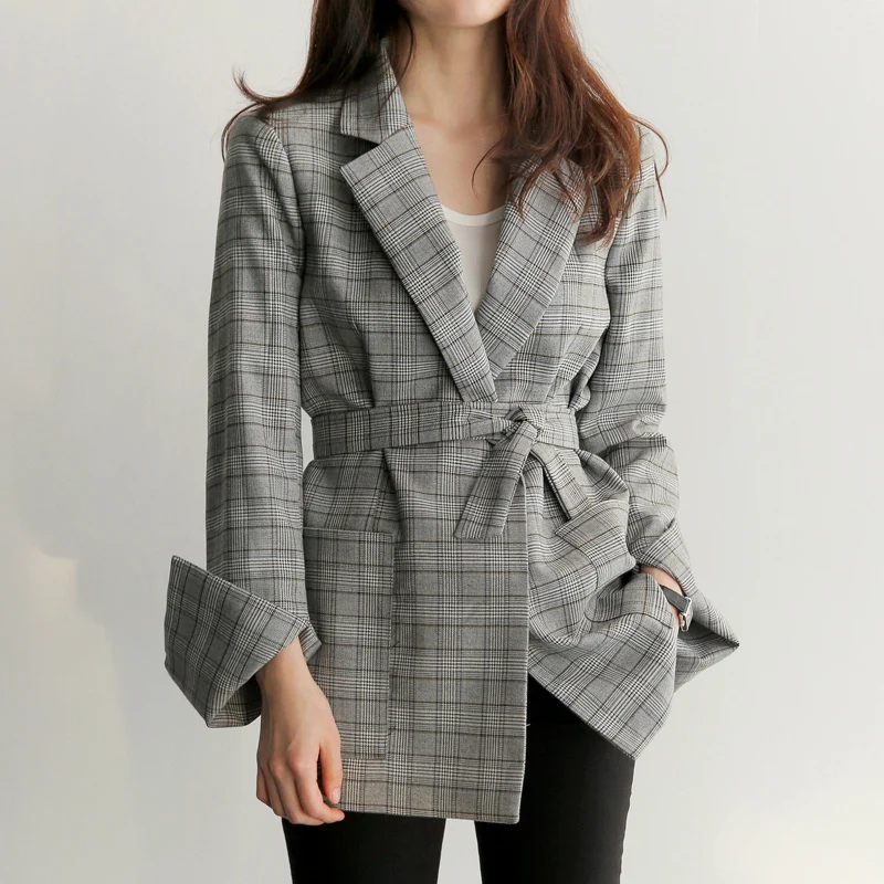 

Fashon Spring Autumn Women Gray Plaid Office Lady Blazer Fashion Bow Sashes Split Sleeve Jackets Elegant Work Blazers