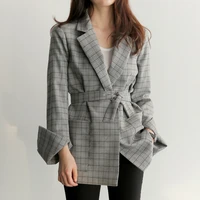 fashon spring autumn women gray plaid office lady blazer fashion bow sashes split sleeve jackets elegant work blazers