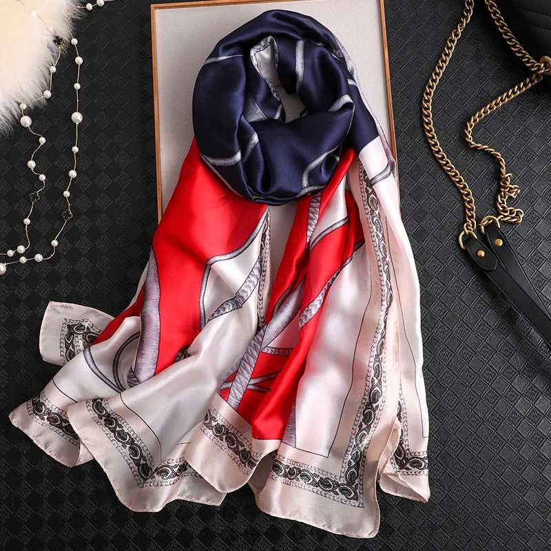 

women silk scarf2021 female scarves ladies beach wrap chiffon shawl chain War horse printed sunscreen bandanna foulard muffler