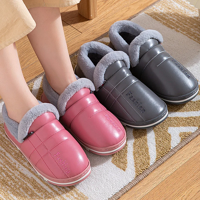 Winter Leather Cotton Slippers Woman Platform Indoor House Slipper Soft Non-slip Warm House Floor Slides Outdoor Cotton Shoes