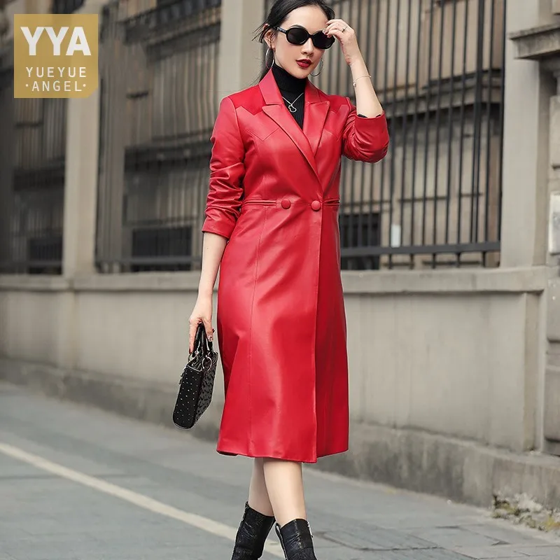 

Женская кожаная куртка, ветровка из натуральной овечьей кожи, элегантная офисная красная длинная куртка, весна