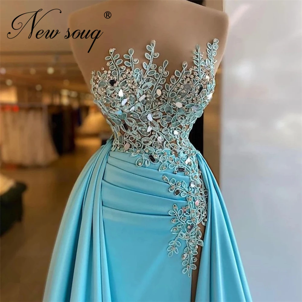 

Blue Beading Party Dress 2021 Dubai Design Remove Skirt Prom Dress Middle East Plus Size Customized Women Satin Evening Gowns