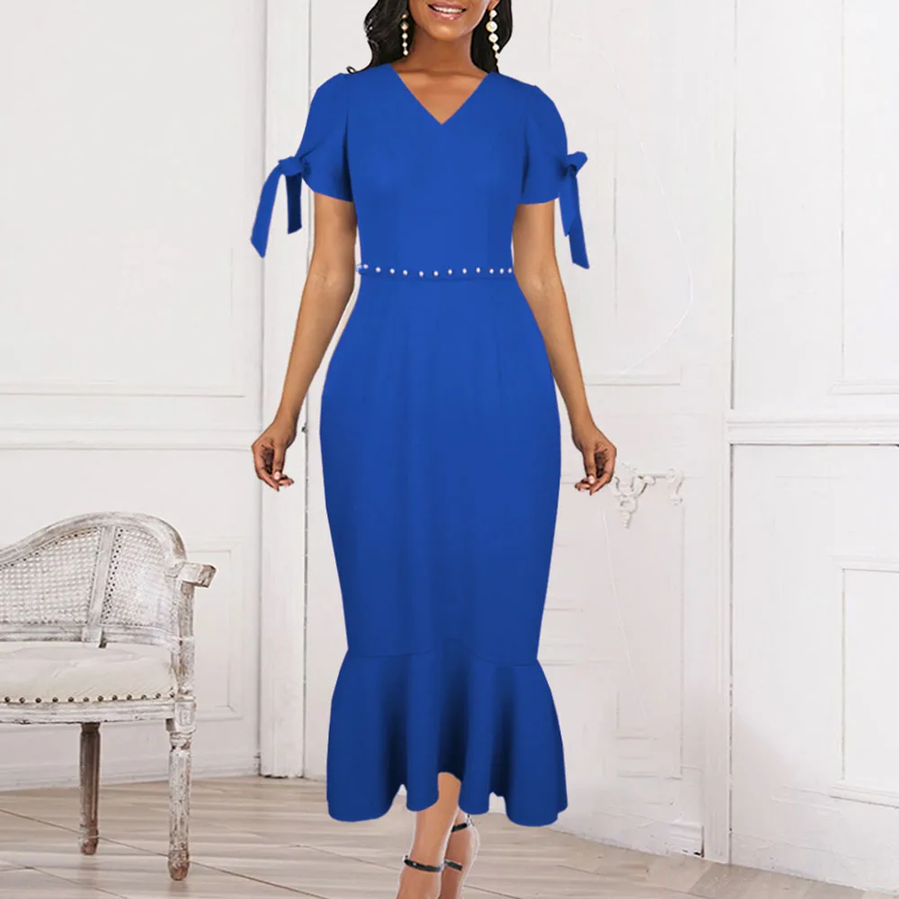 

V-neck Casual High Waist Buttocks Slim Splicing Splicing Mermaid Oversize African Women's Dress 2021 Summer New Western Style