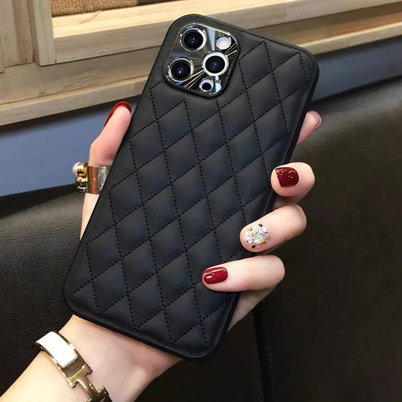 

Luxury Bumper protection lattice hard leather Phone Case For apple iPhone 12 Pro Max 7 8 Plus X XS XR 11 SE 2 Metal lens Cover