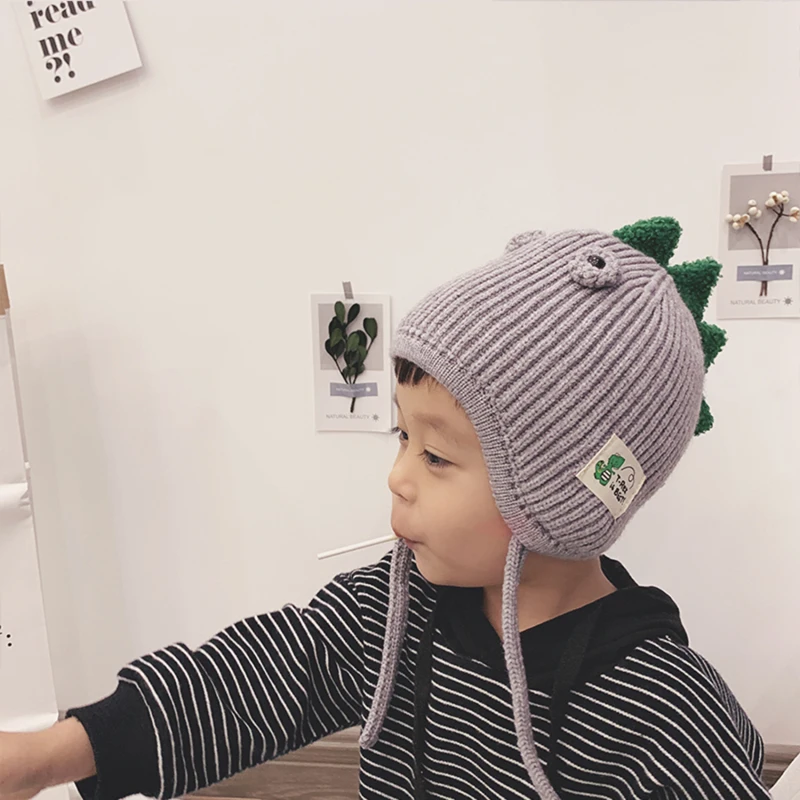 

Kids Dinosaur Style Hat Children Knit Crochet Hat Baby Quality Warm Hat With Earmuffs Earflap Woolen Cap For Baby