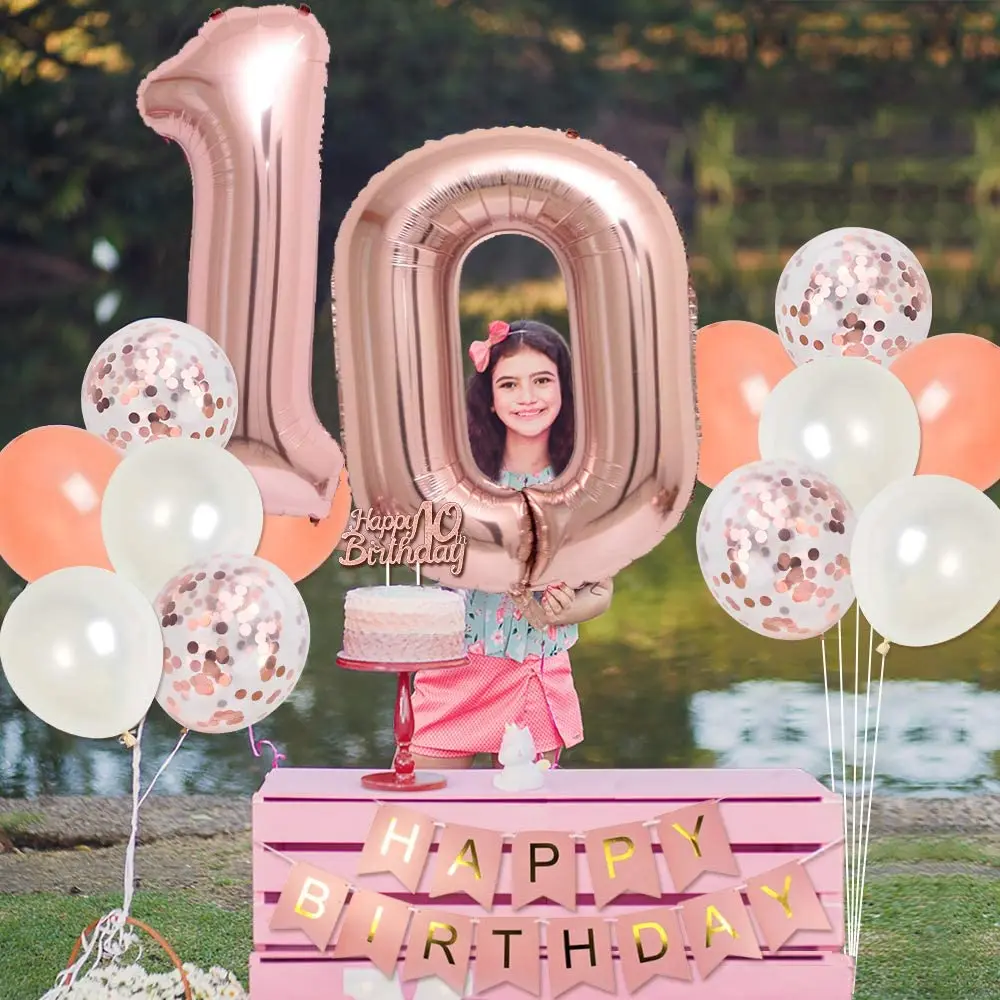Conjunto de bandas y globos para decoraci&oacute;n de fiestas de cumplea&ntilde;os, pancarta para tarta de feliz 10 cumplea&ntilde;os, de doble d&iacute;gitos, oro rosa, para ni&ntilde;a-4