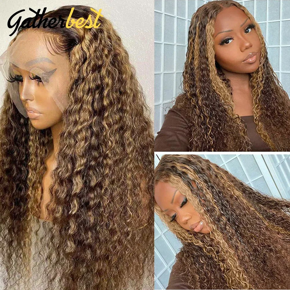 

Highlight Ombre P4/27 Deep Curly Middle Part Wig Curly Human Hair Wig 13X1 T Part Wavy Lace Front Human Hair Wigs For Women