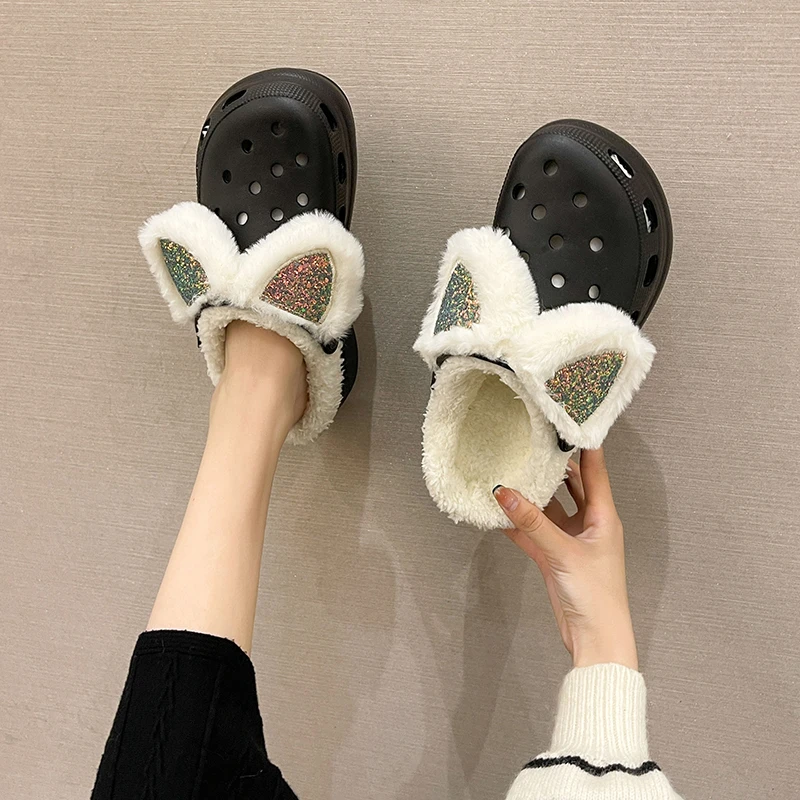 

Woman Furry Thick Bottom Slides Heighten Bow Shoes 2021 New Winter Women Platform Plush Cartoon Slippers Female Hole Shoes Mujer