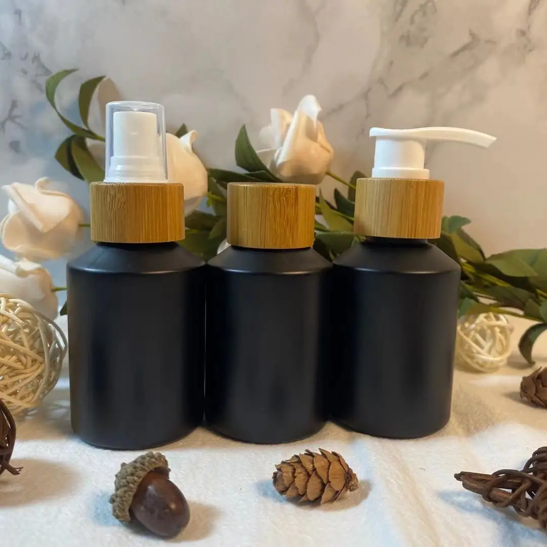

60ml 100ml Matte Black Glass Skin Care Travel Eye Cream Bottle Cosmetic Container Lotion Spray Bottles with Wood Natural Lid