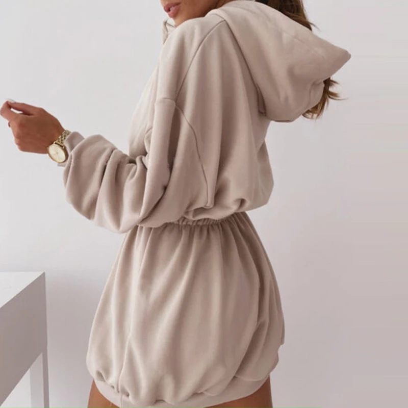 

Women's Pocket A Line Pure Color Dress Women's Elegant Hooded Collar Mini Sweatshirt Dress Casual Long Sleeve Pullover