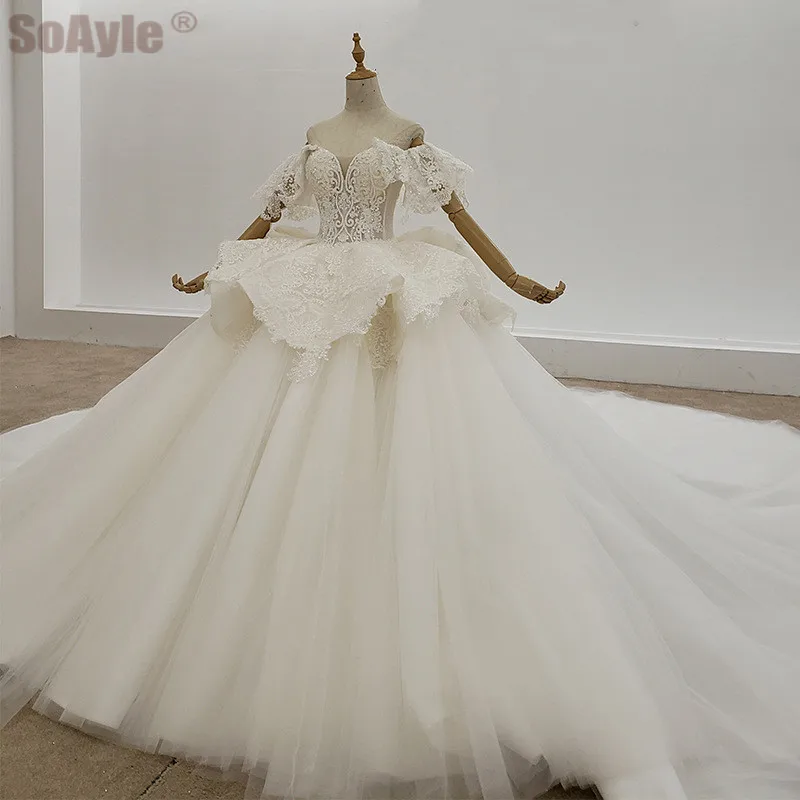 

Женское свадебное платье без рукавов SoAyle, роскошное кружевное бальное платье с оборками, вышивкой бисером, бантом и вырезом лодочкой, 2020
