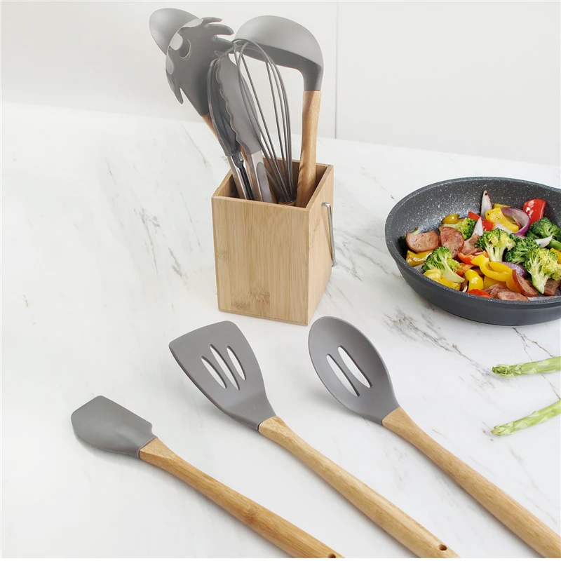 Non-Stick Silicone Cookware Kitchen Utensil Set Natural Acacia Wooden Handle Cooking Utensils Tools Spatula Soup | Дом и сад