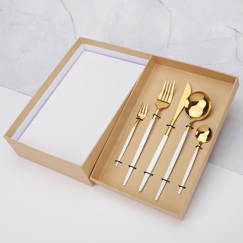

White and Gold Shiny Cutlery Set with Case 20 Piece Western Steel Knife Fork Spoon Cutlery Set Stainless Steel Cutlery Gift Box