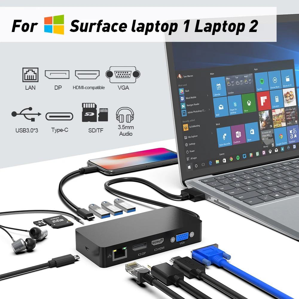 HUWEI USB 3.0 HUB For Microsoft Surface Laptop 2 1 HDMI 4K DP VGA Audio Gigabit Ethernet adapter RJ45 SD/TF DocKing base Dock PC