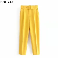 boliyae women fashion elegant with seam detail straight pants vintage high waist zipper fly office wear female trousers mujer