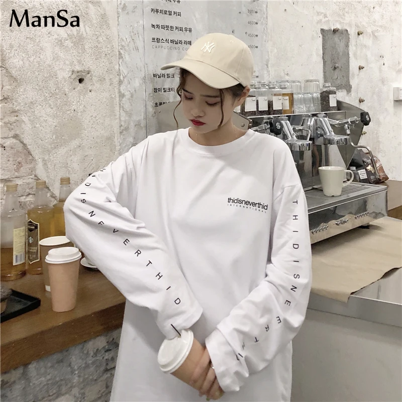 Футболка женская повседневная с надписью ulzzang Базовый Топ длинным рукавом