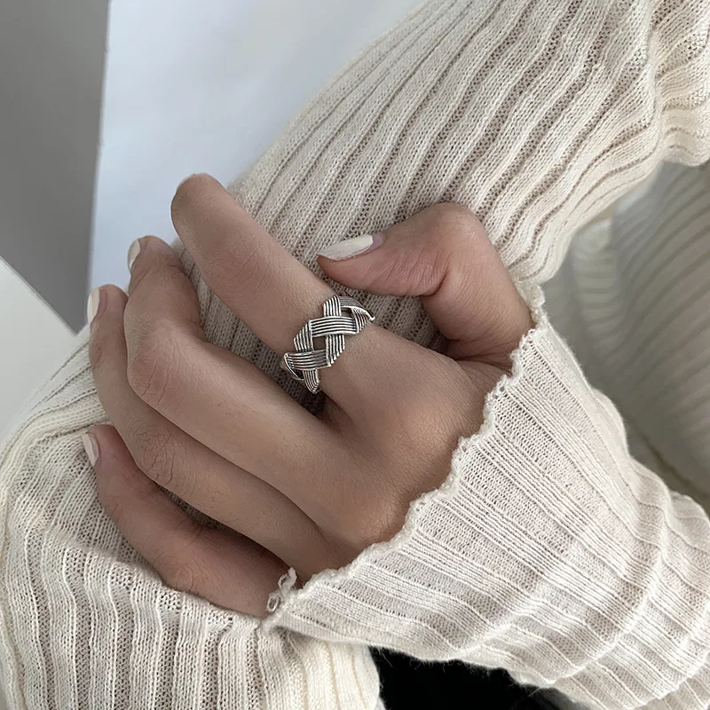 

925 Silver Retro Hand Woven Adjustable Open Wide Ring Width 2021 New Style Fashion Creative Design Women Party Jewelry