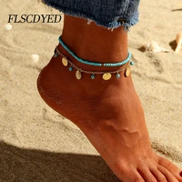 flscdyed bohemia blue ball anlet antique double layer round pendant foot bracelet lady beach adjustable jewelry wholesale