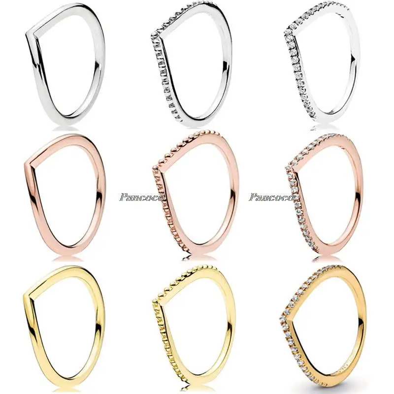 

Authentic 925 Sterling Silver Wish Bone Ring Set With Crystal Stack Rings For Women Wedding Party Europe Fashion Jewelry