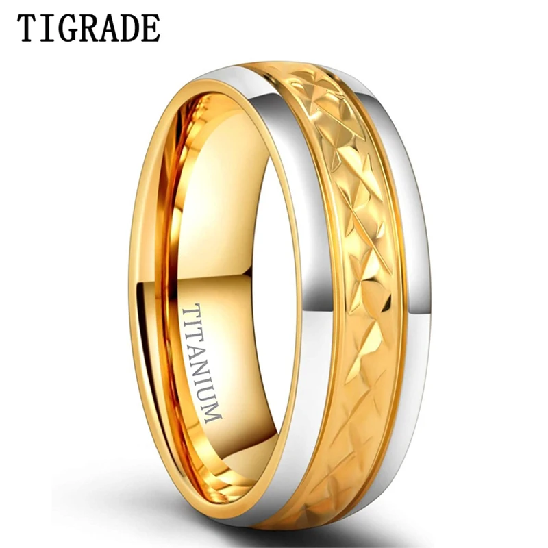 TIGRADE 7mm Gold Color Titanium Ring For Male and Female Wedding Luxury Two Tone Dome Polished Band Comfort Fit for Men Women