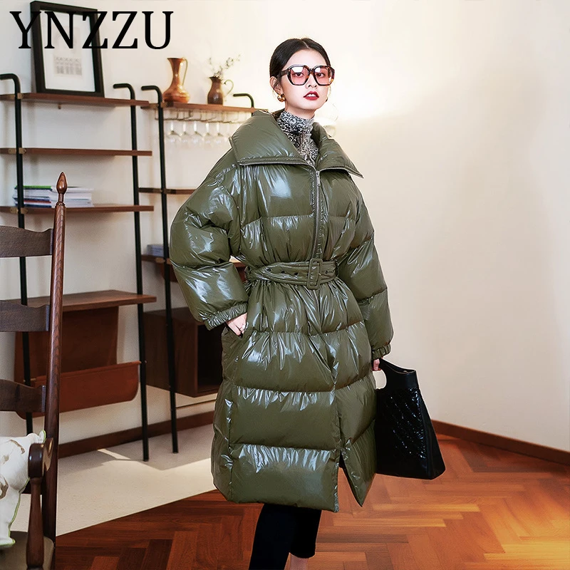 Женская парка YNZZU однотонная зеленая блестящая Длинная утепленная куртка новый