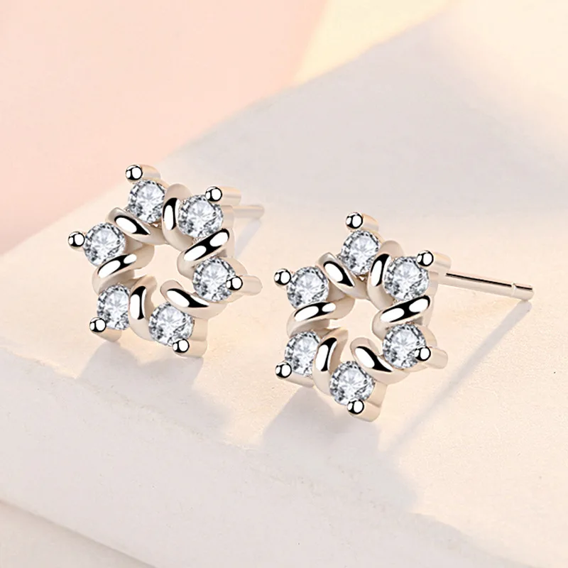 

925 Sterling Silver Crystal Flower Piercing Stud Earrings For Women Girls Christmas Jewelry Gift Pendientes eh1028