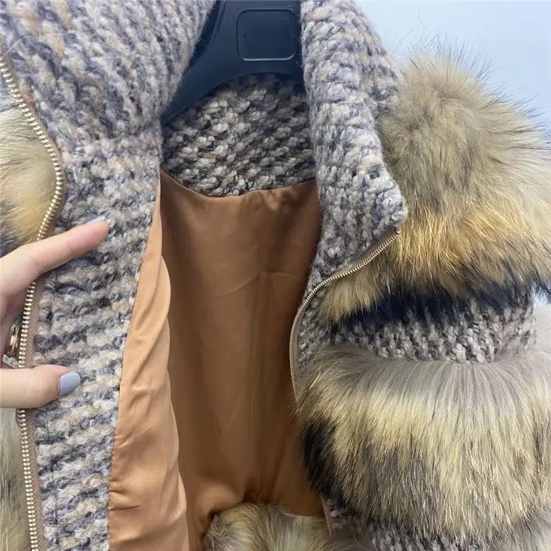 real raccoon fur Short coat patchwork tweed woolen women winter warm thick natural coats long sleeve