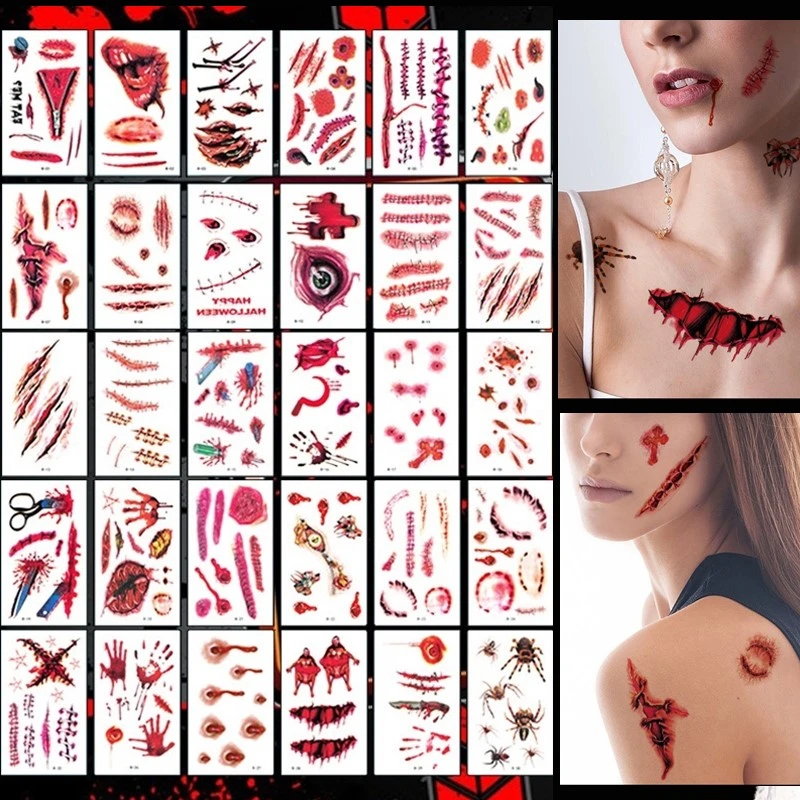 

30 шт./компл. без повтора Хэллоуин татуировки реалистичные террор ран временные поддельные шрам тела стикер одноразовые татуаж временный