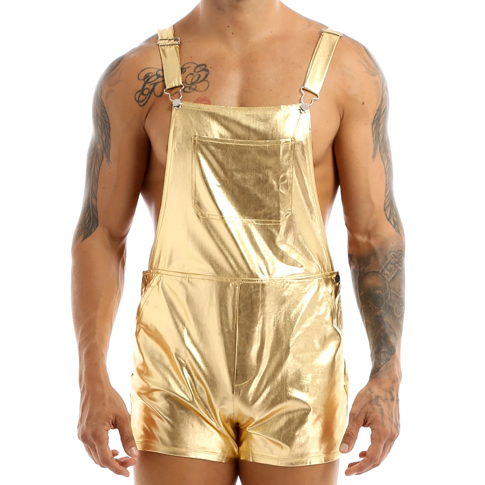 

Mens Shiny Metallic Bib Overall Suspender Shorts Adjustable Wide Shoulder Straps Fancy Dress Festival Prom Clubwear Costumes
