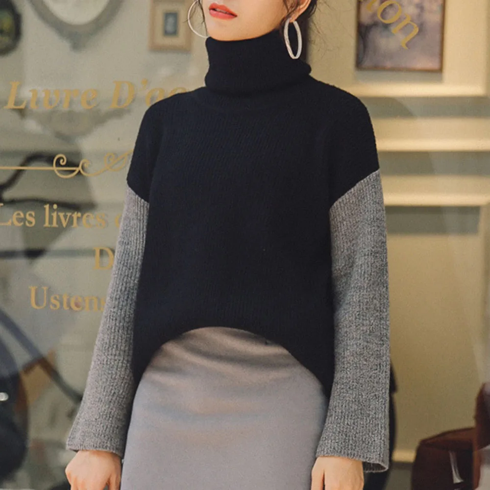 Женский вязаный свитер с высоким воротом весна-осень в стиле пэчворк корейские