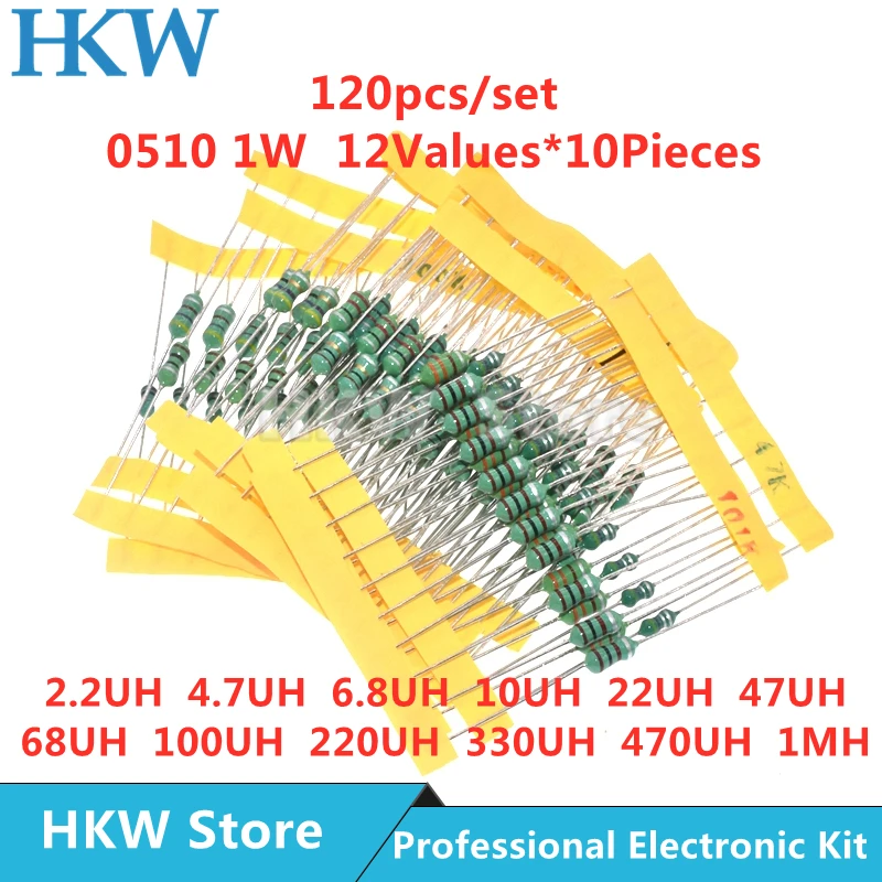 120pcs/set 12values Color Ring Inductor Assortment Kit 0510 1W Inductors 2.2UH~1MH 4.7UH 22UH 47UH 68UH 100UH 220UH DIY KIT