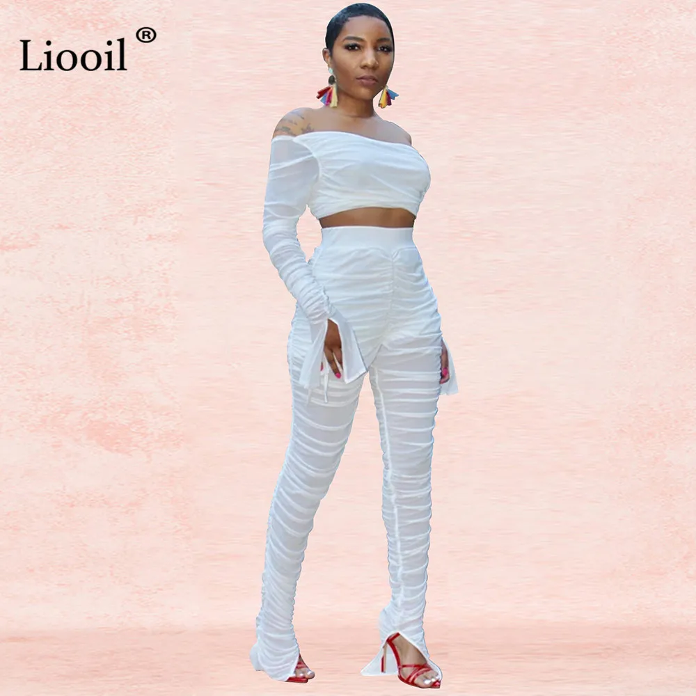 Белый Liooil с открытыми плечами, сеточка, набор с рюшами из двух частей, женские Клубные наряды, неоновая Расширенная книзу блуза с открытой спиной, сексуальный топ и брюки-карандаш - Цвет: Белый