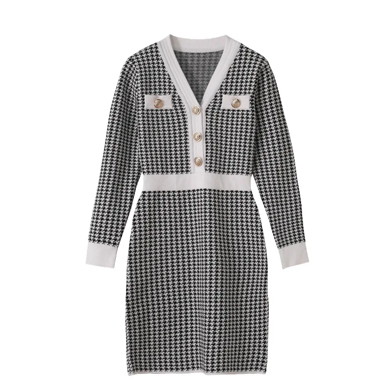 

Autumn Winter Women Houndstooth Geometric Elegant Sheath Dress Bushness Casual Button Knitted Sweater Wool Desses Black Vestidos