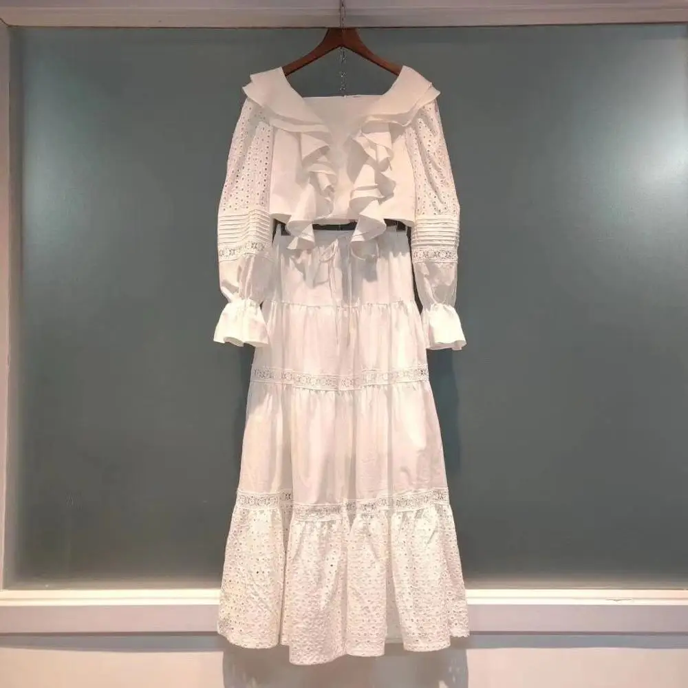 

White Suits Dress Vintage New Arrival Fashion Women Flare Sleeve Banquet Two Pieces Set Cute Set XS-XL