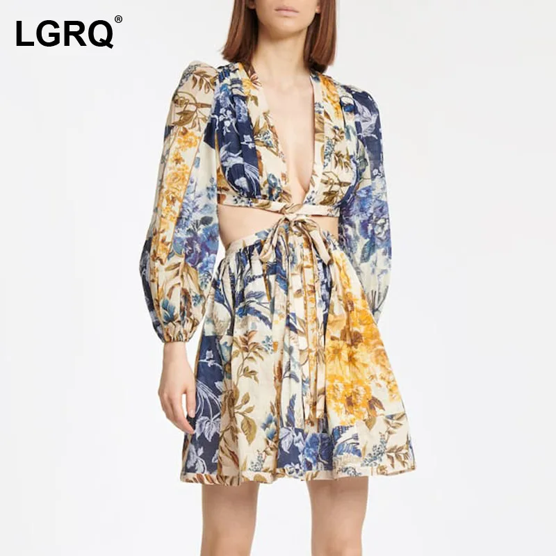 

[LGRQ] Women Printing Hollow Out Sexy Dress New V-Neck Long Lantern Sleeve Fit Fashion Tide Spring Autumn 2021 19D2627