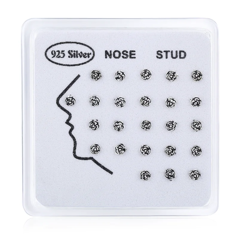 24 шт./компл. из стерлингового серебра 925 пробы кольца и штифты для носа с черным