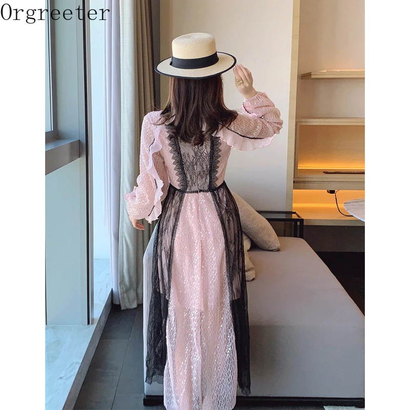 

High Quality Sequined Pink Dress 2021 Spring New Elegant Lace Stitching Mesh Ruffled Trim See-through Party Dress Robe Femme
