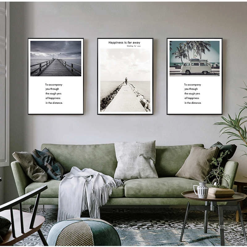 Скандинавский постер на холсте с изображением деревянного моста и автомобиля