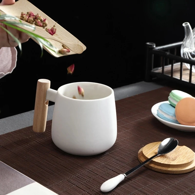 

Wooden Handle Ceramic Cups Coffee Mugs Large Capacity Mug With Spoon Lid Mug Coffee Tea Cup Nordic Style Home Office Drinkware