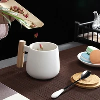 wooden handle ceramic cups coffee mugs large capacity mug with spoon lid mug coffee tea cup nordic style home office drinkware